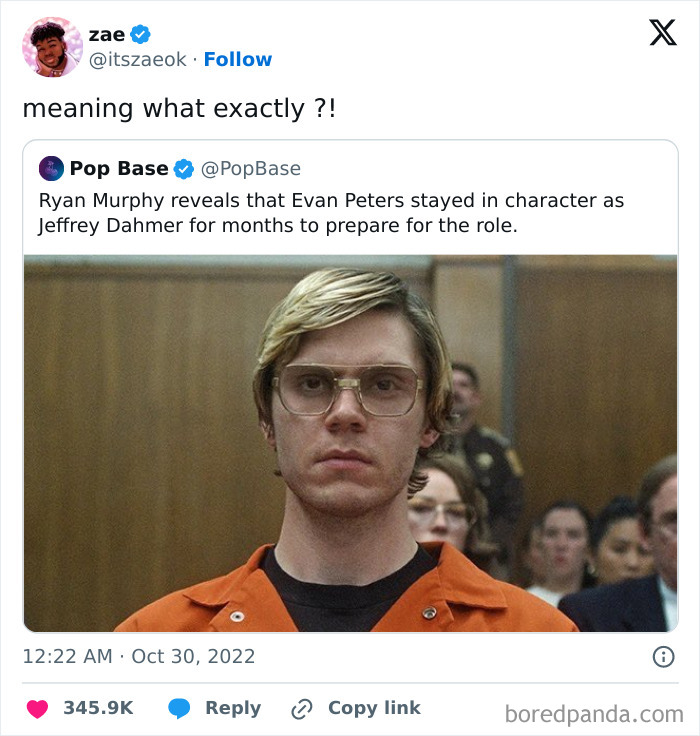 Twitter post about Evan Peters staying in character for a role, part of super culture entertaining posts and memes.
