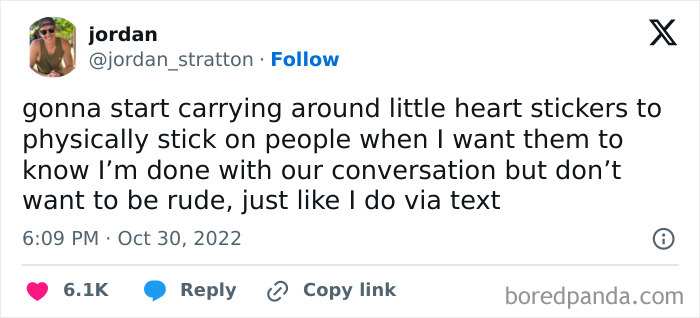 Tweet by user jordan sharing a relatable humorous post about social interaction fatigue and communication using heart stickers.