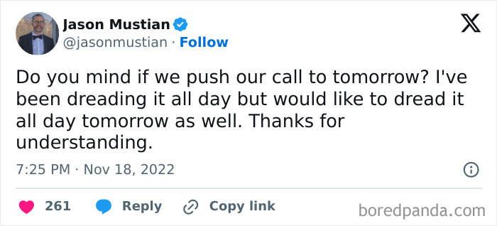 Tweet from Jason Mustian satirizing millennial corporate life by humorously postponing a dreaded call to tomorrow.