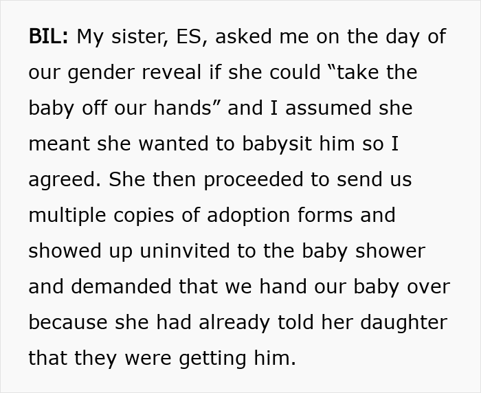 Text excerpt describing a sister mistaking a babysitting offer for adoption, sending papers and demanding the baby.