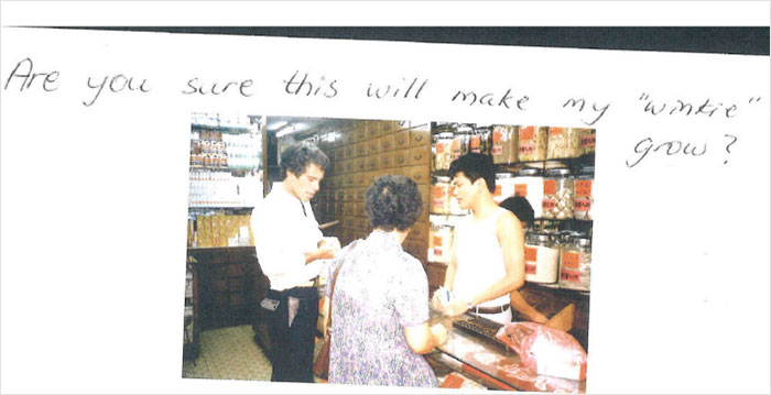Handwritten note above a vintage photo showing people interacting in a store, featured in Jeffrey Epstein&rsquo;s 50th birthday book.