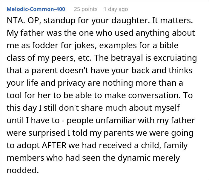 Screenshot of a Reddit comment discussing telling wife why daughter doesn&rsquo;t trust and the impact of parental betrayal on privacy.