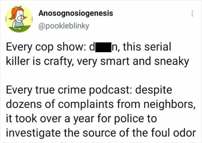 Meme comparing fictional cop shows to true crime podcasts highlighting slow police investigations and smart killers.