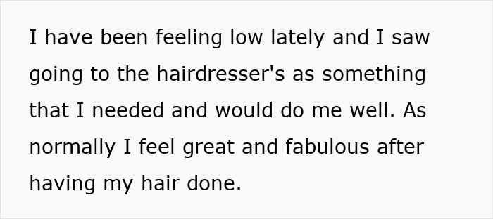 Text excerpt expressing feelings about going to the hairdresser and changes after a haircut, reflecting on emotional impact. Text excerpt expressing feelings about going to the hairdresser and changes after a haircut, reflecting on emotional impact.