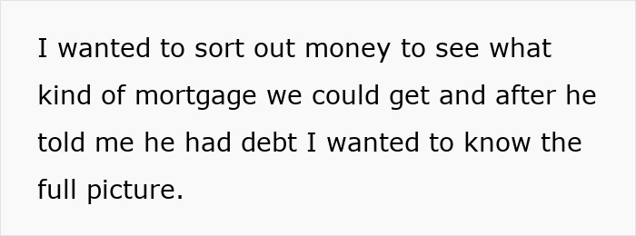 Text about a wife discovering her husband has a huge debt and feeling upset he kept it secret.