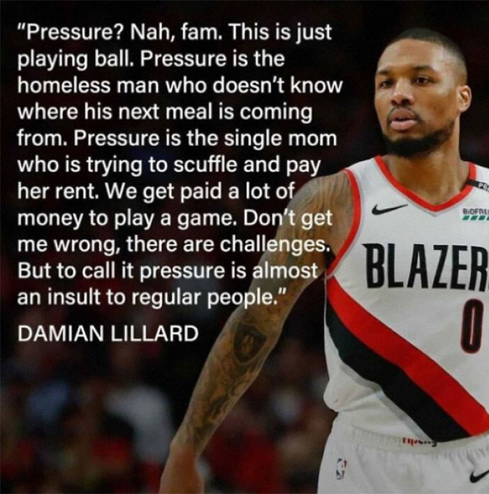 Basketball player Damian Lillard sharing a quote about pressure and life challenges in a Blazers jersey.