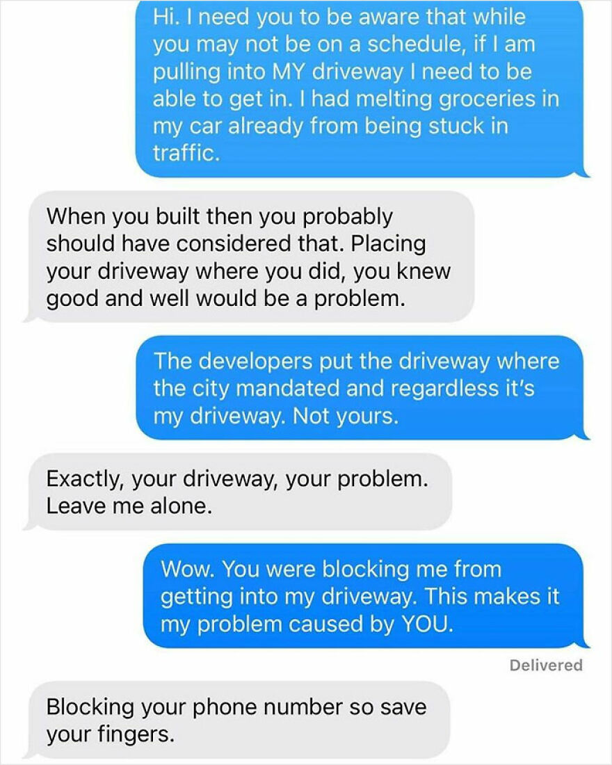 Text message exchange highlighting a driveway dispute, illustrating challenges of living in the middle of nowhere with no neighbors.