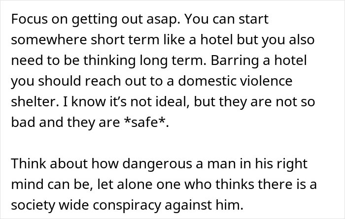 Text advice about escaping danger, emphasizing domestic violence shelter safety and risks of dangerous men.