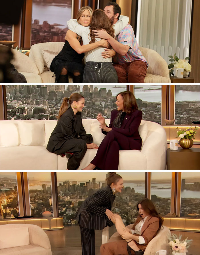 Celebrities sharing heartfelt hugs and playful moments during a candid interview, showcasing cringey celeb moments.