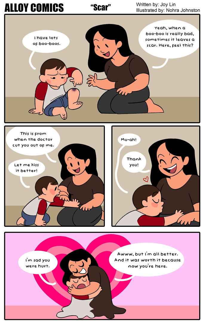 Funny comic panels showing a mother and child sharing loving moments about boo-boos and scars in a marriage and raising demon theme.