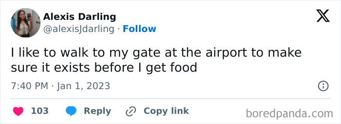 Tweet by Alexis Darling about walking to the airport gate, illustrating specific moments in our lives that aren’t original experiences.