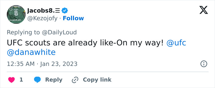 Tweet screenshot showing user Jacobs8 eagerly replying to DailyLoud about UFC scouts, with no mention of doctors or giant baby births. Tweet screenshot showing user Jacobs8 eagerly replying to DailyLoud about UFC scouts, with no mention of doctors or giant baby births.