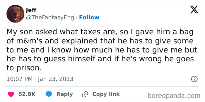 Tweet explaining taxes to a child using M&M's in a humorous, relatable post about human fatigue and everyday struggles.