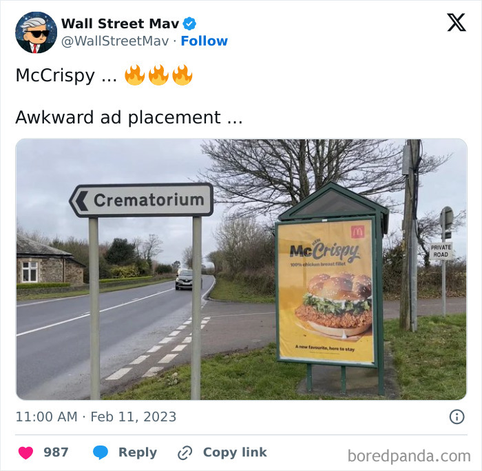 Roadside McCrispy ad placed next to a crematorium sign, illustrating an advertising placement fail that made people laugh.