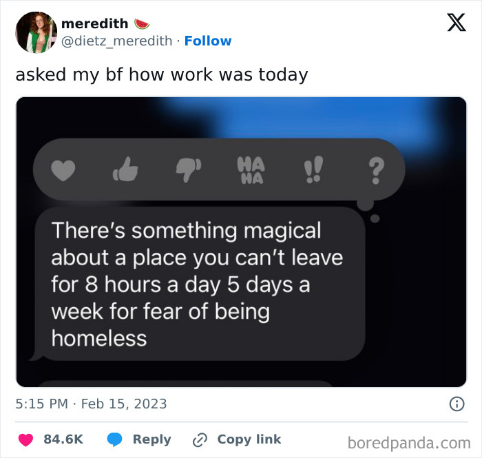 Tweet screenshot showing a humorous message about work stress and fear of being homeless, relatable fatigue post content.