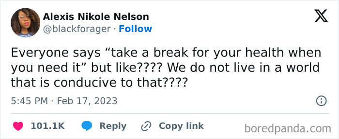 Tweet about the difficulty of taking breaks and relatable fatigue shared on social media for laughs and connection.