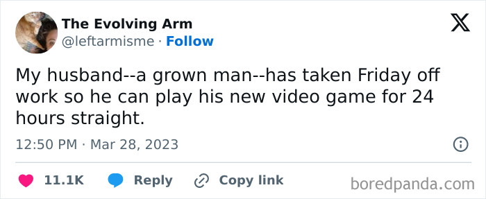 Tweet about a man taking Friday off work to play video games, illustrating men humor memes coping with life.