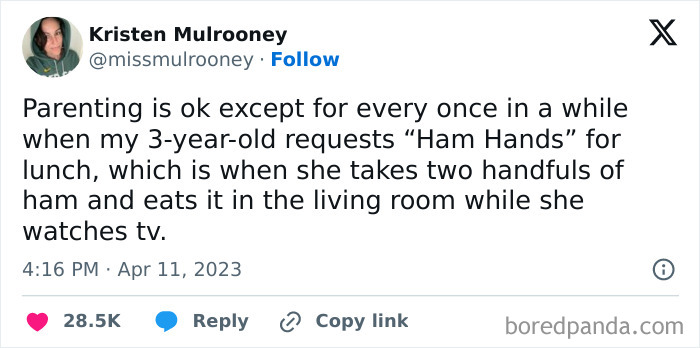 Tweet by Kristen Mulrooney humorously describing parenting truth about her child’s unique lunch request and eating habits.