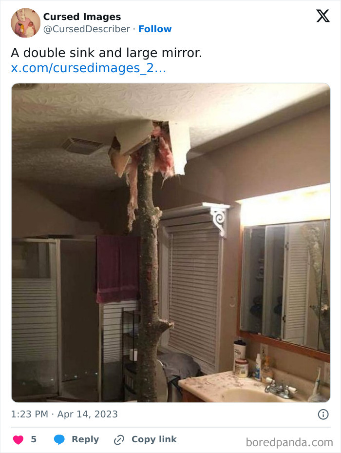 A tree trunk piercing through a bathroom ceiling, creating a disturbing and cursed visual effect inside the bathroom.