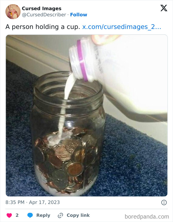 Glass jar filled with coins being poured with milk, showing one of the disturbing pictures so wrong it seems cursed.