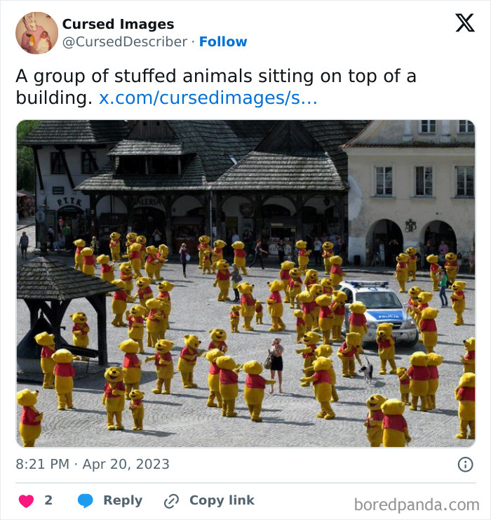 Crowd of disturbing stuffed animals in yellow costumes gathered in a public square creating a cursed atmosphere.