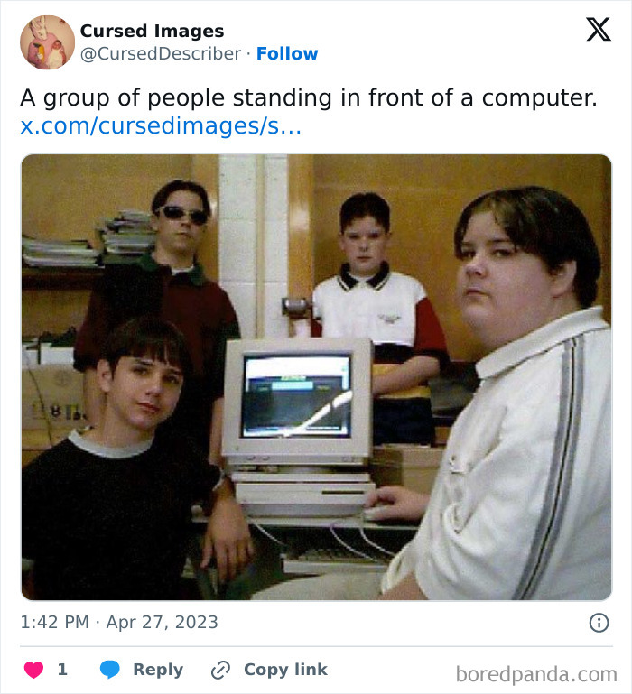 Group of young boys posing around an old computer, creating a disturbing picture with cursed vibes and eerie expressions.
