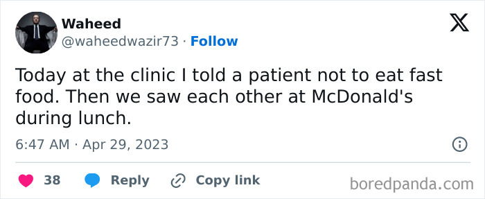 Tweet humor about working in medicine showing the struggle of advising patients while facing personal temptations.