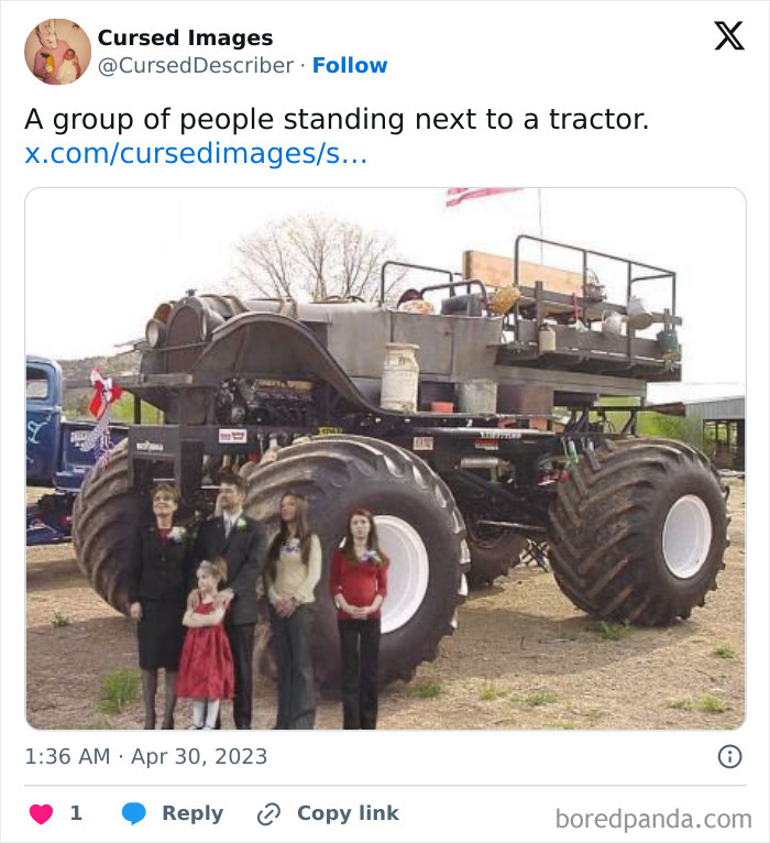 Group of people standing next to an oversized monster truck tractor in a disturbing cursed image scene.