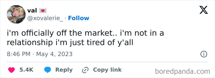 Tweet stating "i'm officially off the market.. i'm not in a relationship i'm just tired of y'all" as an introvert meme to decompress after socializing.