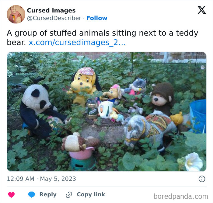 Stuffed animals arranged oddly in an overgrown garden, creating a disturbing and cursed visual scene.