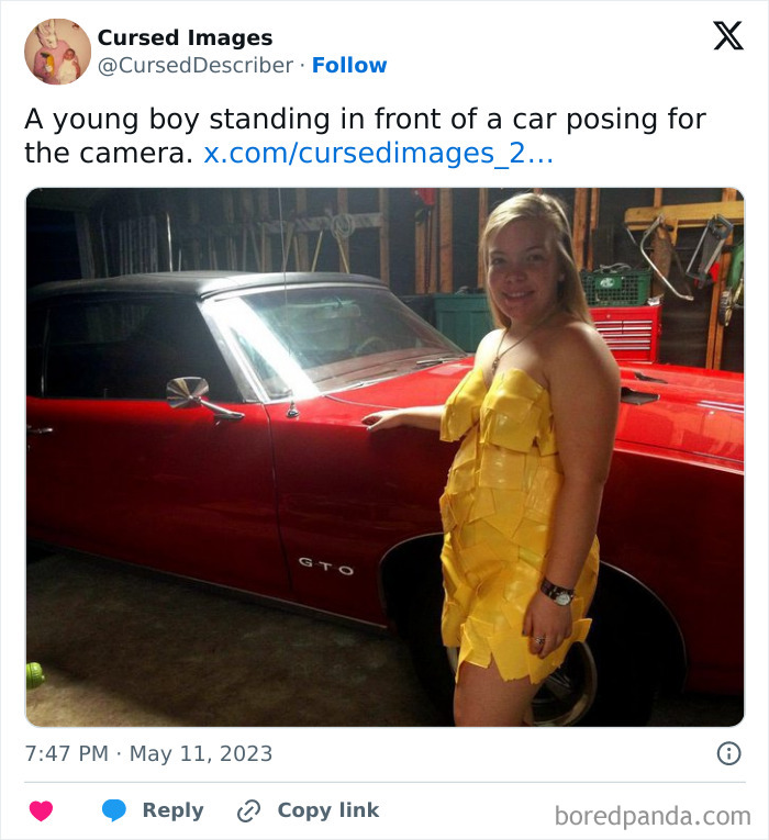 Young woman in a yellow tape dress posing in front of a red car in a cluttered garage, disturbing picture.