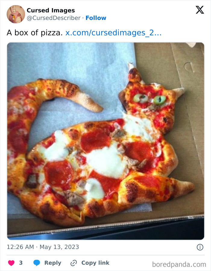 Pizza shaped like a cat with burnt edges and unusual green olive eyes, a disturbing cursed image with eerie details.