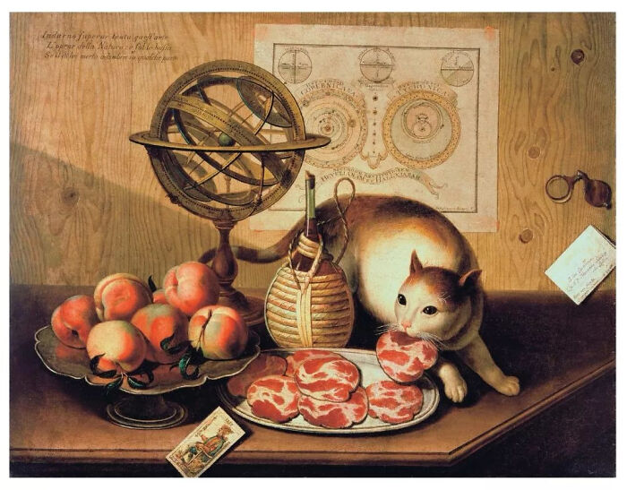Medieval cats depicted in historical painting with fruit, wine bottle, and scientific instruments on wooden table.