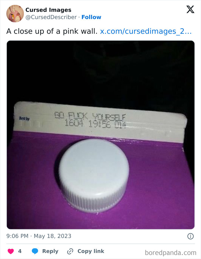 Close-up of a purple carton with a white cap showing a disturbing cursed message near the expiration date.