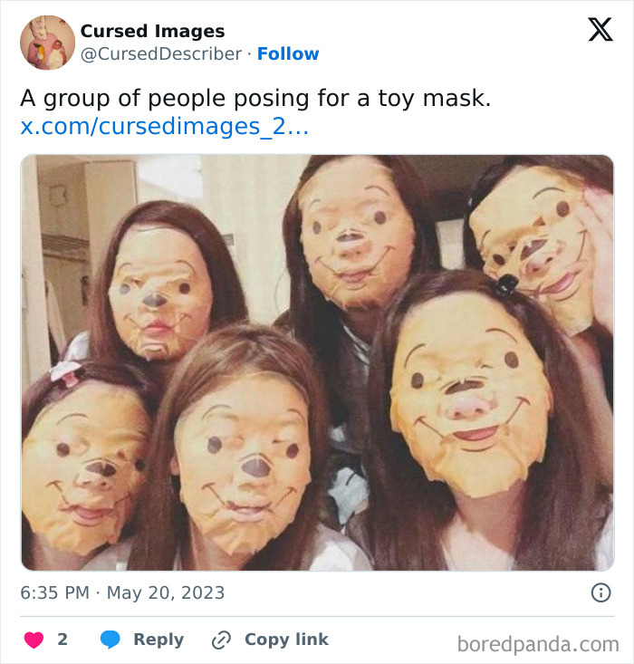 Group of people wearing disturbing toy masks, creating a cursed and unsettling visual effect.