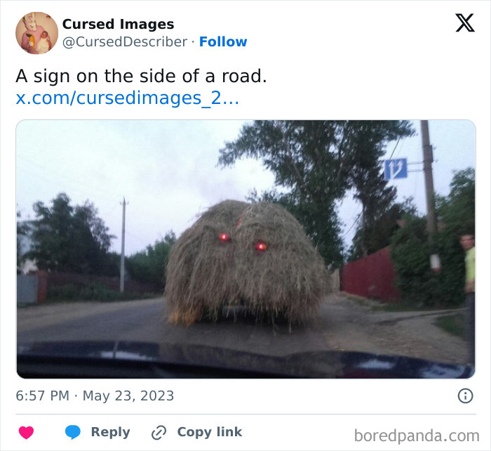 Haystack with glowing red eyes on a road, a disturbing picture so wrong it appears cursed and eerie at dusk.