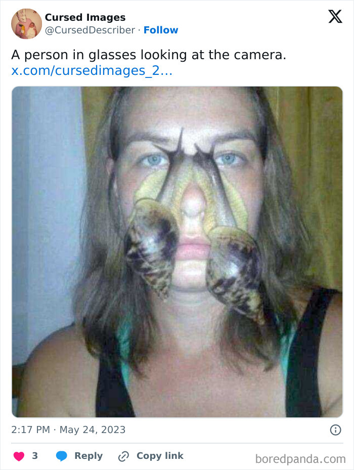 Person with two large snails attached to their nose, creating a disturbing and cursed visual effect.