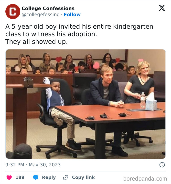 Young boy’s adoption ceremony witnessed by his entire kindergarten class, showcasing heartfelt moments of students and young adults.