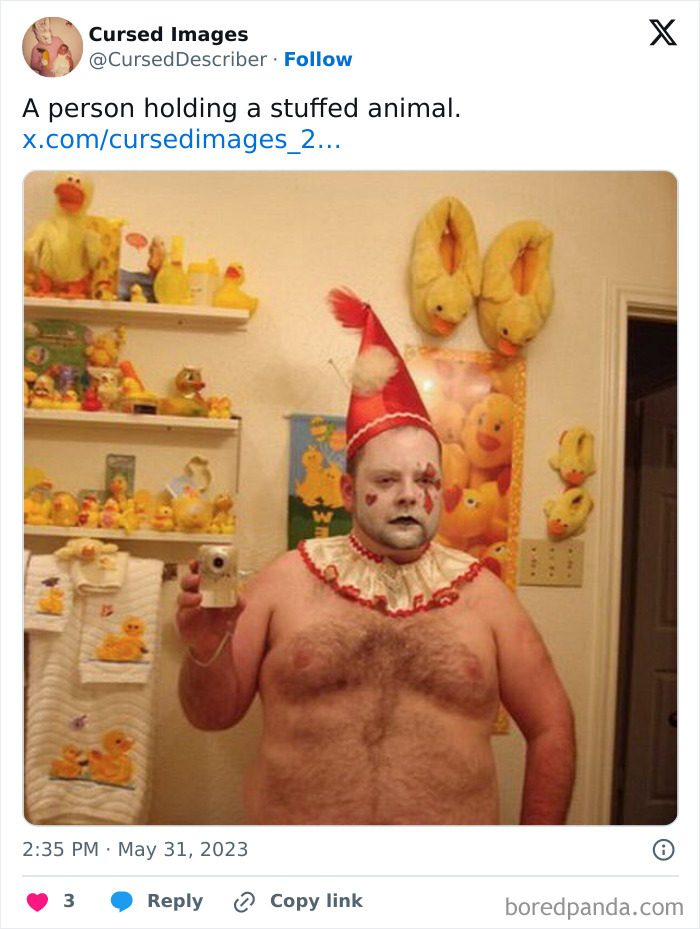 Man in disturbing clown makeup and costume surrounded by rubber duck decor in a cluttered bathroom scene.