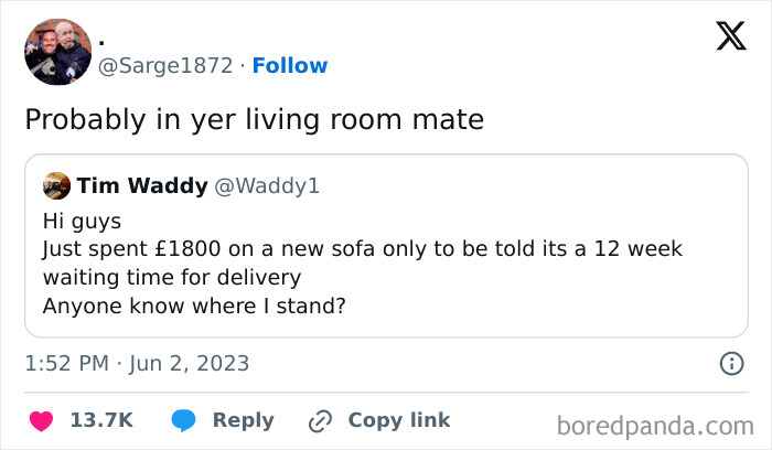 Screenshot of a humorous British meme discussing sofa delivery delays and rent prices in London.