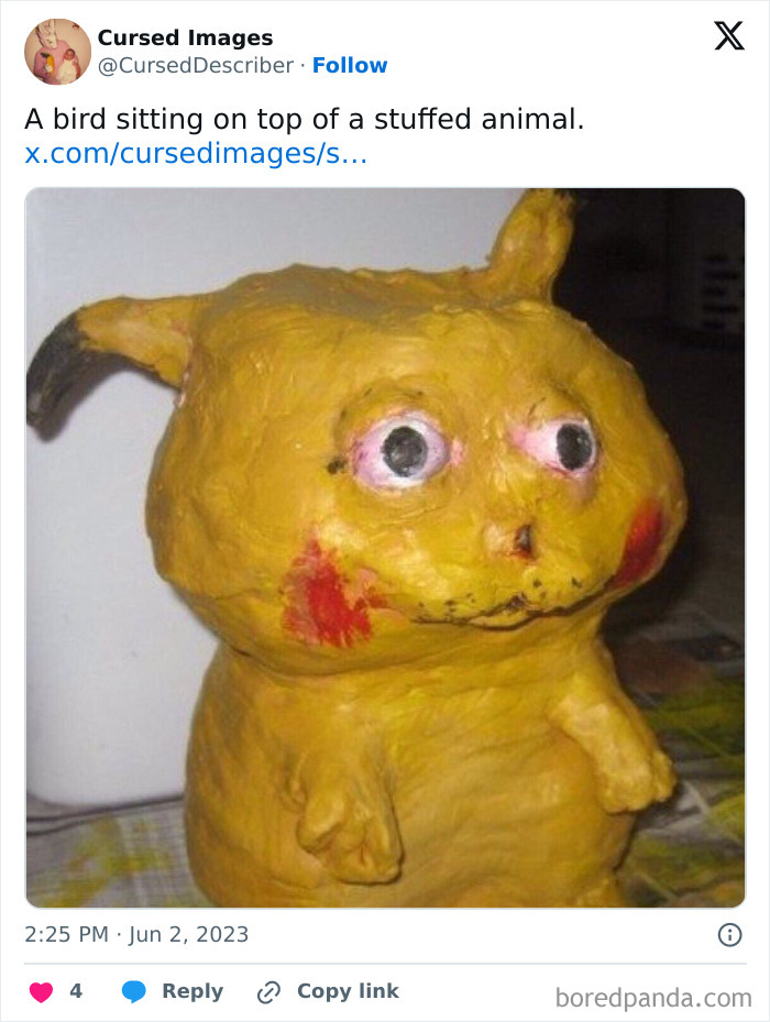 Disturbing cursed image of a poorly crafted Pikachu sculpture with odd eyes and misshapen features.