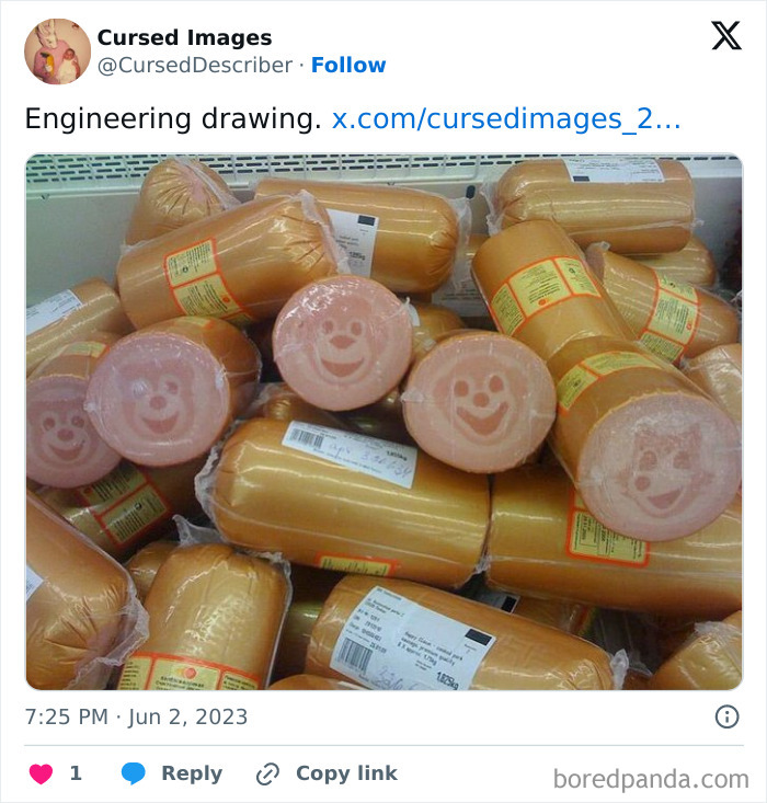 Sausage packages with disturbing smiling faces imprinted on the meat, creating a cursed and unsettling visual effect.