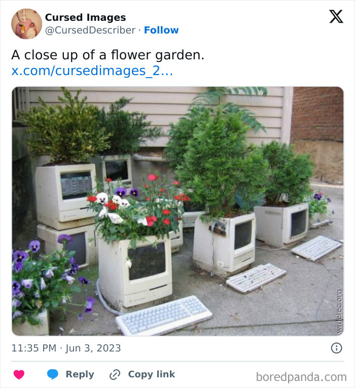 Old computer monitors repurposed as planters with flowers and bushes in an outdoor setting, disturbing pictures concept.