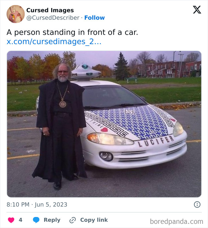 A man in dark robes with a large pendant standing beside a car featuring disturbing cursed designs and text Lucifer.
