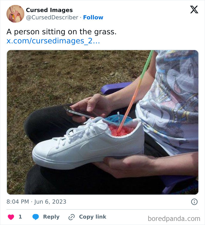 Person holding a white shoe filled with a slushie drink and straw, a disturbing cursed image concept.
