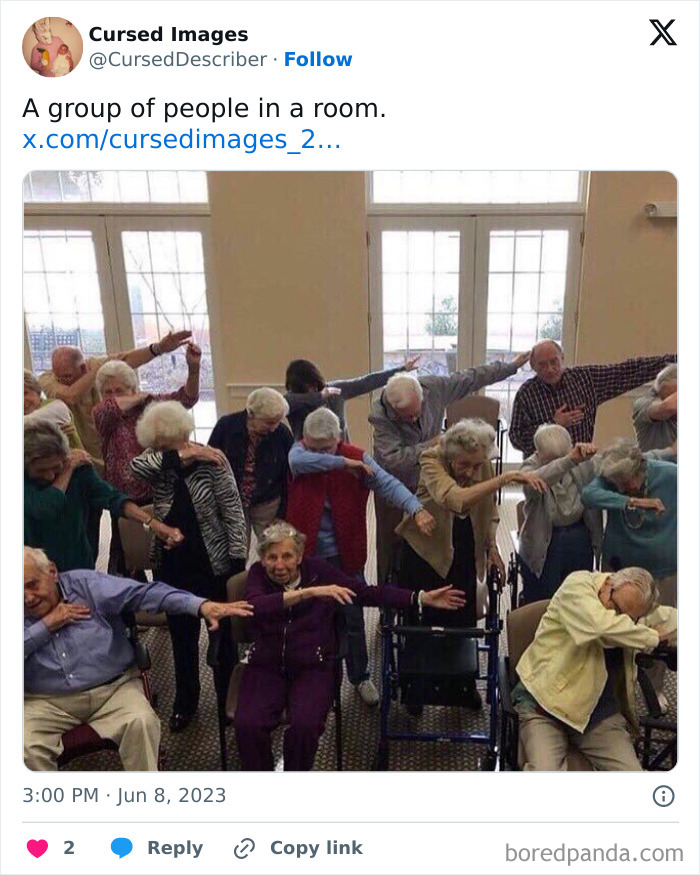 A group of elderly people dabbing together indoors, a disturbing picture so wrong it looks cursed.