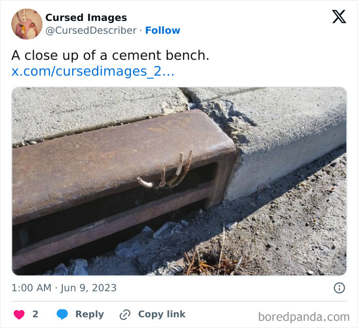 Close-up of a cement bench with rusted metal and broken concrete, showing a disturbing and cursed appearance.