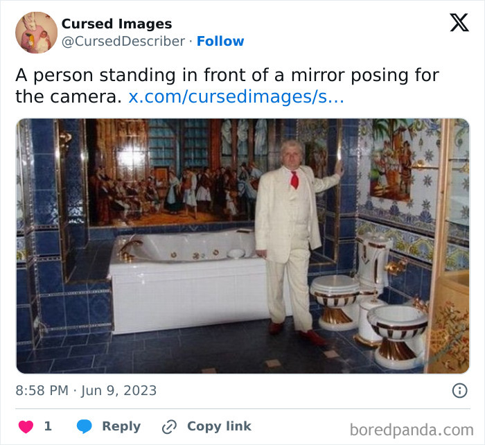 Man in white suit posing in a bathroom with disturbing cursed images and strange toilet and bathtub designs