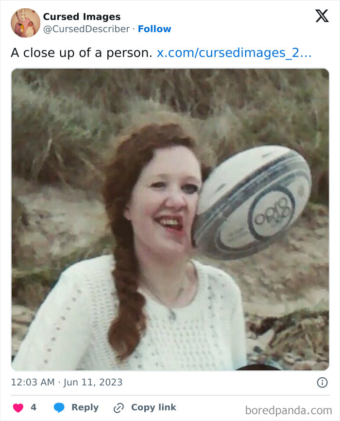 Woman with distorted face as a rugby ball appears to collide with her head in a disturbing cursed image.
