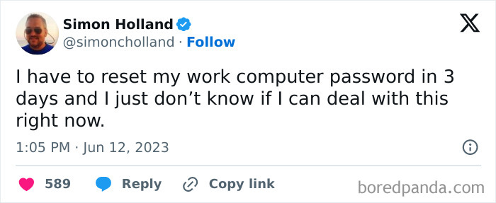 Tweet from Simon Holland humorously expressing stress over resetting his work computer password, highlighting millennial corporate life.